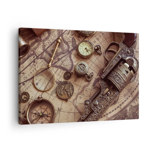 Quadro em tela - Itens antigos em um mapa antigo em estilo retrô - 70x50cm - A aventura nos chama - Decoração de parede moderna para a sala de estar e quarto ARTTOR
