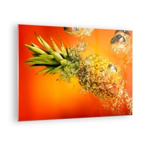 Quadro em vidro - Abacaxi imerso em água sobre um fundo laranja intenso - 70x50cm - Frescor suculento tropical - Decoração de parede moderna para a sala de estar e quarto ARTTOR