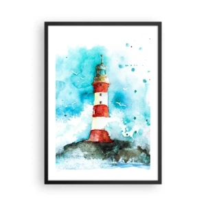 Pôster com moldura preta - Farol em estilo aquarela com ondas do mar - 50x70cm - Unidade dos elementos da natureza - Decoração de parede moderna para a sala de estar e quarto ARTTOR