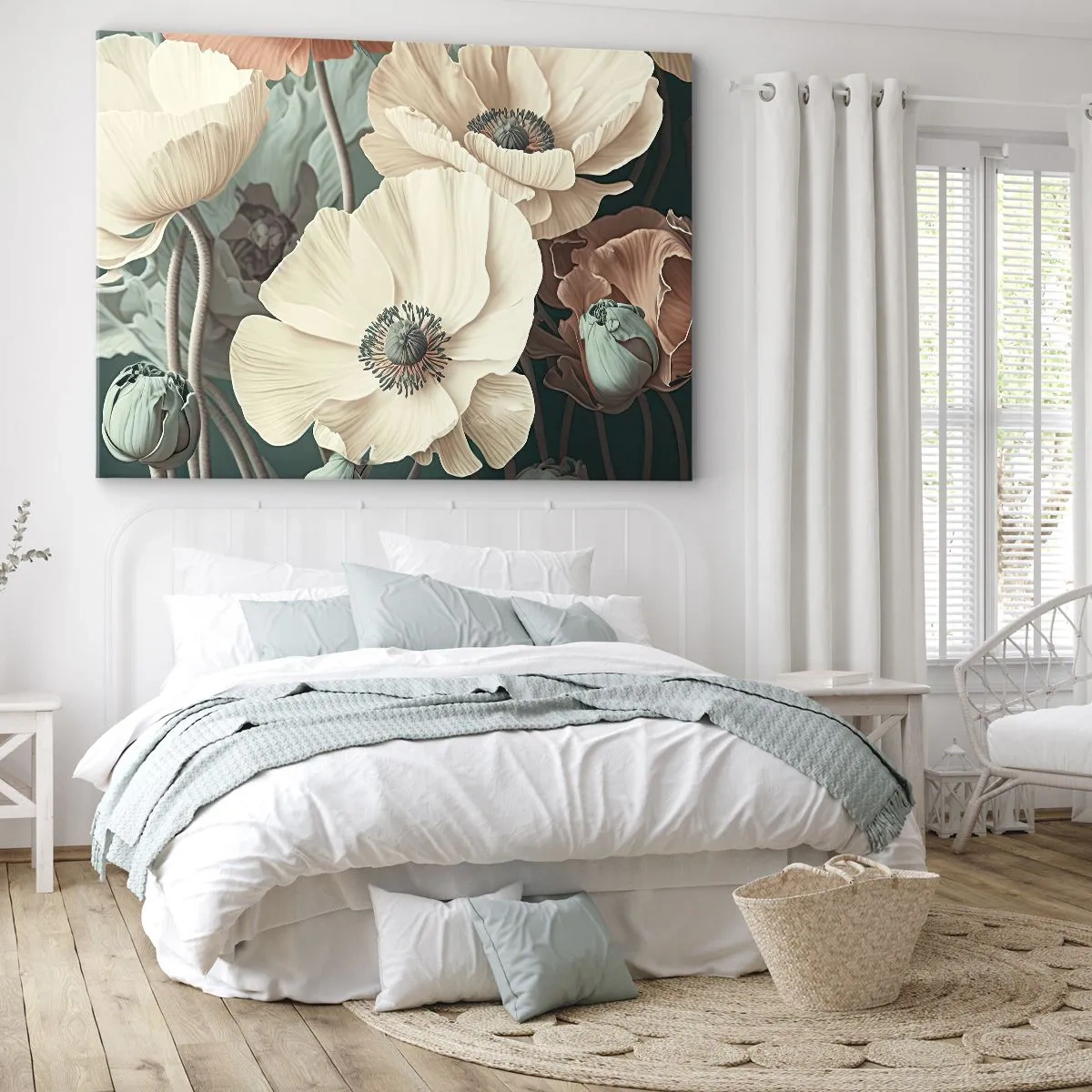 Quadro em tela - Flores elegantes em tons pastéis sobre fundo verde - 70x50cm - O sussurro das papoulas - Decoração de parede moderna para a sala de estar e quarto ARTTOR