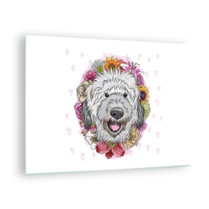 Quadro em vidro - Ilustração de um cachorro cercado por flores - 70x50cm - Alegria de cachorrinho - Decoração de parede moderna para a sala de estar e quarto ARTTOR