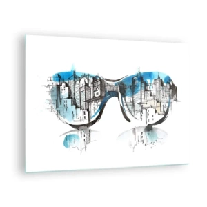 Quadro em vidro - panorama da cidade refletido nos óculos de sol - 70x50cm - Elegância Metropolitana - Decoração de parede moderna para a sala de estar e quarto ARTTOR