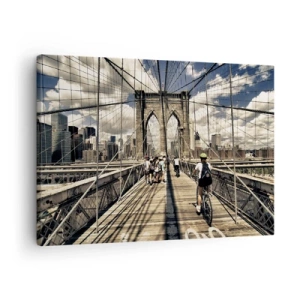 Quadro em tela - Ponte do Brooklyn com vista para pedestres e ciclistas - 70x50cm - Direto para o coração da cidade - Decoração de parede moderna para a sala de estar e quarto ARTTOR