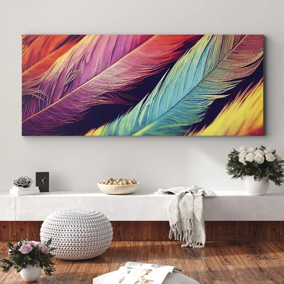 Quadro em tela - Arco-íris emplumado - 100x40 cm