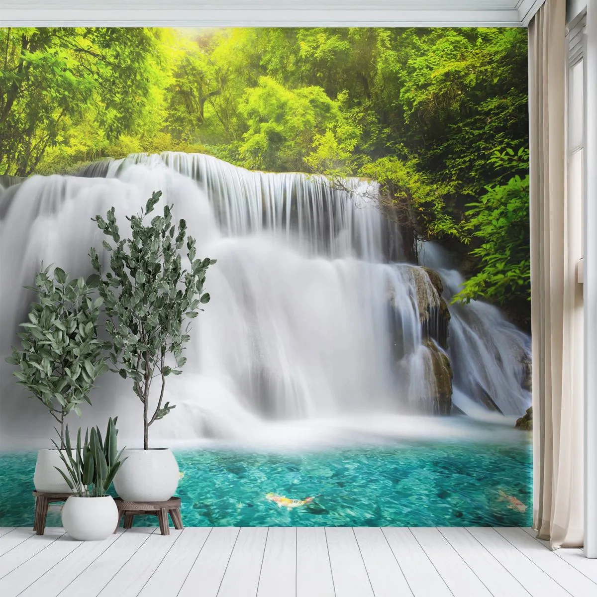 Papel de Parede Autocolante Deluxe Sticker - Cascata espumosa do verde ao azul - Paisagem, Cachoeira, Parque Nacional - 250x175 cm