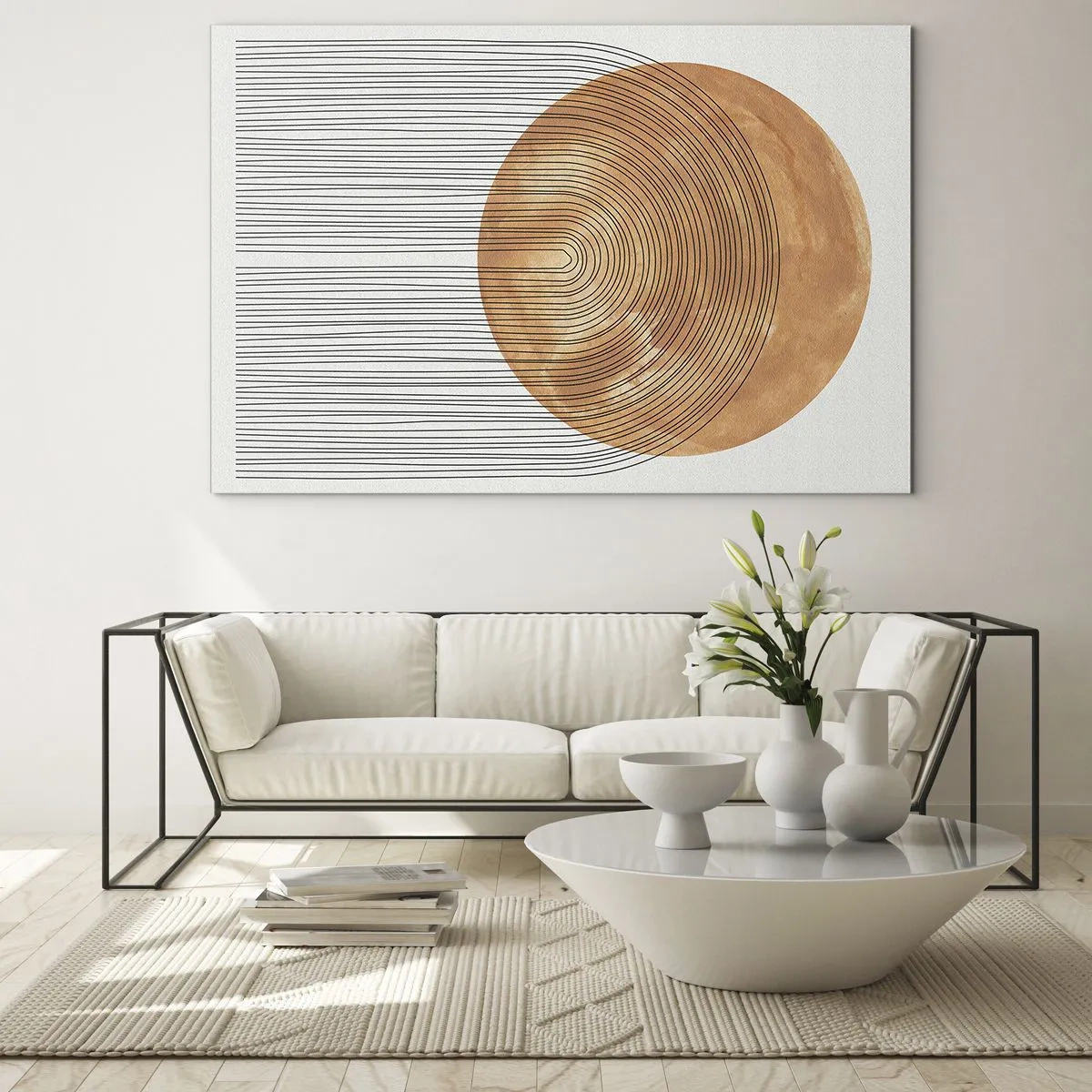 Quadro em vidro - Forma geométrica com linhas concêntricas e um círculo dourado - 70x50cm - Composição solar - Decoração de parede moderna para a sala de estar e quarto ARTTOR