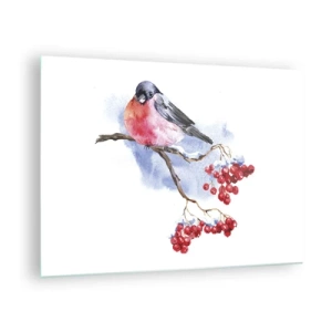 Quadro em vidro - Um pássaro em um galho de sorveira - 70x50cm - Inverno a cores - Decoração de parede moderna para a sala de estar e quarto ARTTOR