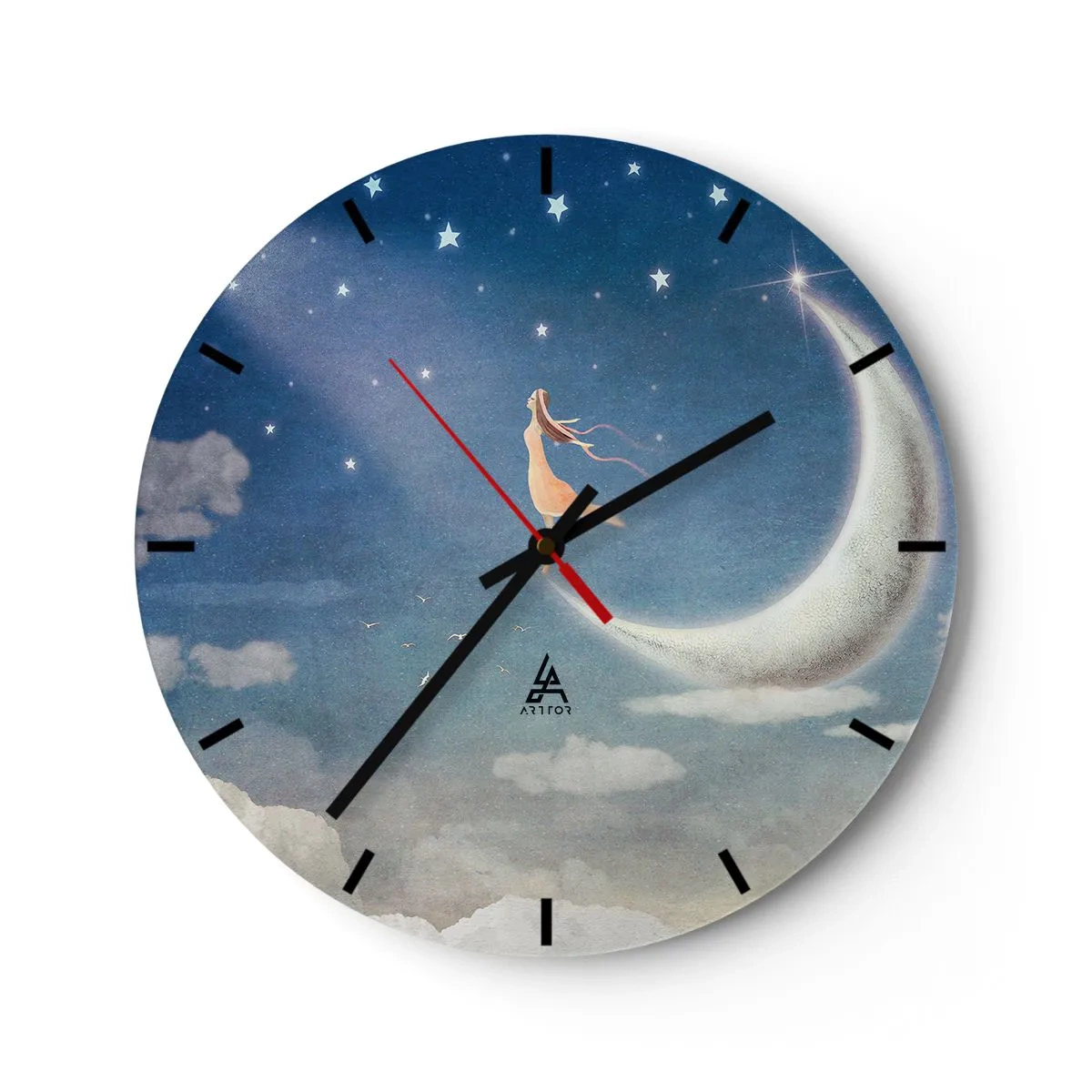 Relógio de parede - Relógio em vidro - Uma figura na lua cercada por estrelas no céu noturno - 30x30cm - O encanto azul - Decoração de parede moderna para a sala de estar, cozinha e quarto ARTTOR