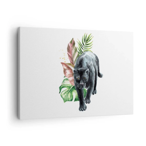 Quadro em tela - Pantera negra cercada por folhas tropicais - 70x50cm - Coração selvagem - Decoração de parede moderna para a sala de estar e quarto ARTTOR