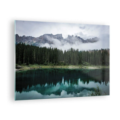 Quadro em vidro - Paisagem montanhosa com lago e floresta refletidos na água - 70x50cm - Calma, silêncio, não vamos acordar a água... - Decoração de parede moderna para a sala de estar e quarto ARTTOR