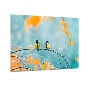 Quadro em vidro - Dois peitos sentados em um galho entre folhas caindo - 70x50cm - Fofoca de pássaros - Decoração de parede moderna para a sala de estar e quarto ARTTOR