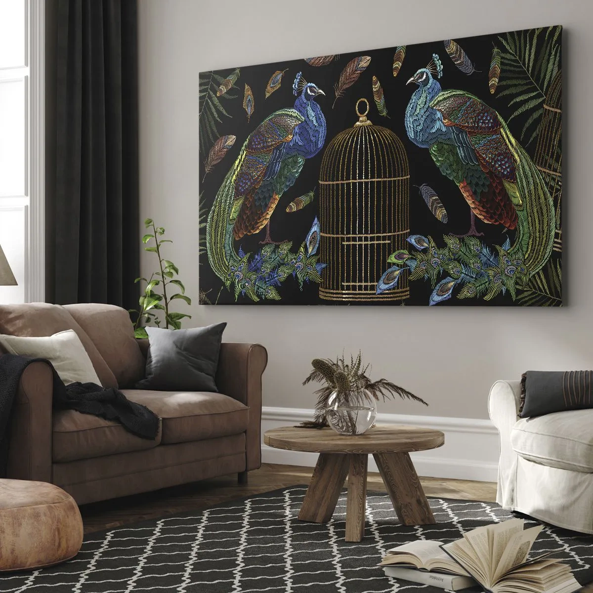 Quadro em tela - Pavões ao lado de uma gaiola dourada em um fundo preto - 70x50cm - Em vestes reais - Decoração de parede moderna para a sala de estar e quarto ARTTOR