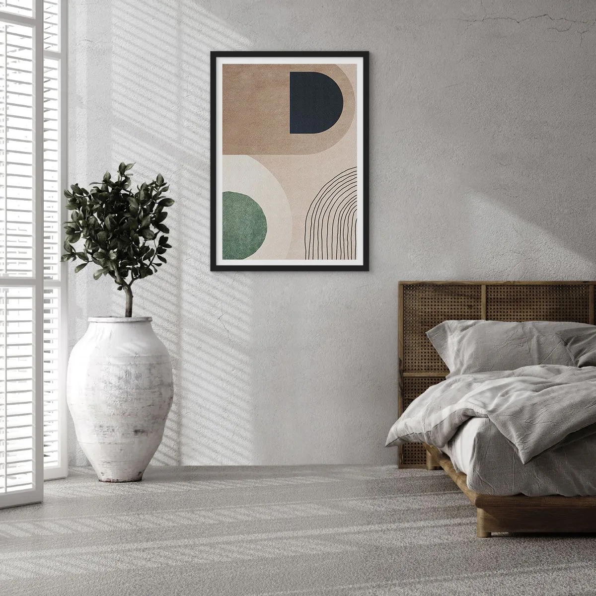 Pôster com moldura preta - Abstração geométrica em tons de bege, verde e preto - 50x70cm - A gentileza do oval - Decoração de parede moderna para a sala de estar e quarto ARTTOR