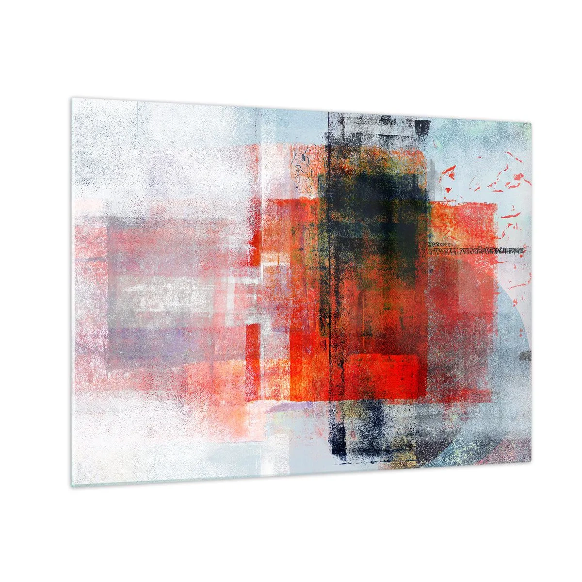 Quadro em vidro - Abstração geométrica em tons intensos de vermelho e preto. - 70x50cm - A composição brilha - Decoração de parede moderna para a sala de estar e quarto ARTTOR