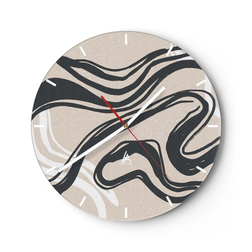 Relógio de parede - Relógio em vidro - Curvas pretas em um fundo bege em um estilo gráfico - 30x30cm - Expressão multiplicada - Decoração de parede moderna para a sala de estar, cozinha e quarto ARTTOR
