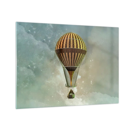 Quadro em vidro - Um balão estilizado contra o fundo de um céu estrelado e nuvens. - 70x50cm - Voos pioneiros - Decoração de parede moderna para a sala de estar e quarto ARTTOR