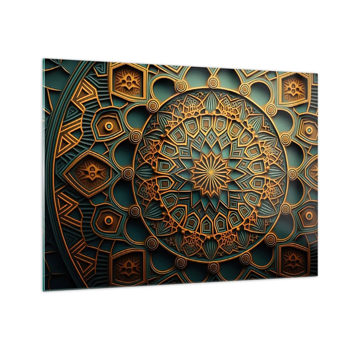 Quadro em vidro - Ornamento de ouro e turquesa no estilo de um mosaico árabe - 70x50cm - Em uma atmosfera árabe - Decoração de parede moderna para a sala de estar e quarto ARTTOR