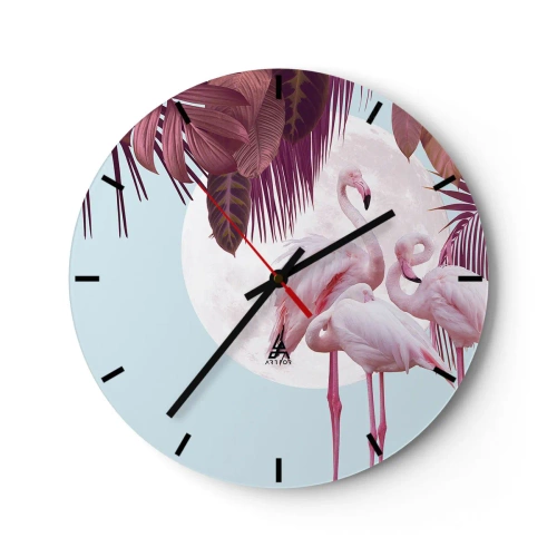 Relógio de parede - Relógio em vidro - Flamingos com o cenário da lua e folhas tropicais - 30x30cm - Três graças de pássaros - Decoração de parede moderna para a sala de estar, cozinha e quarto ARTTOR