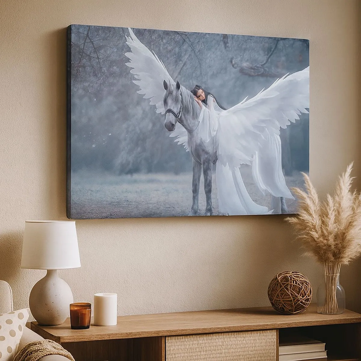 Quadro em tela - Uma mulher em um cavalo branco com asas em uma floresta mágica - 70x50cm - Momento inspirado - Decoração de parede moderna para a sala de estar e quarto ARTTOR