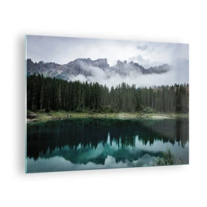 Quadro em vidro - Paisagem montanhosa com lago e floresta refletidos na água - 70x50cm - Calma, silêncio, não vamos acordar a água... - Decoração de parede moderna para a sala de estar e quarto ARTTOR