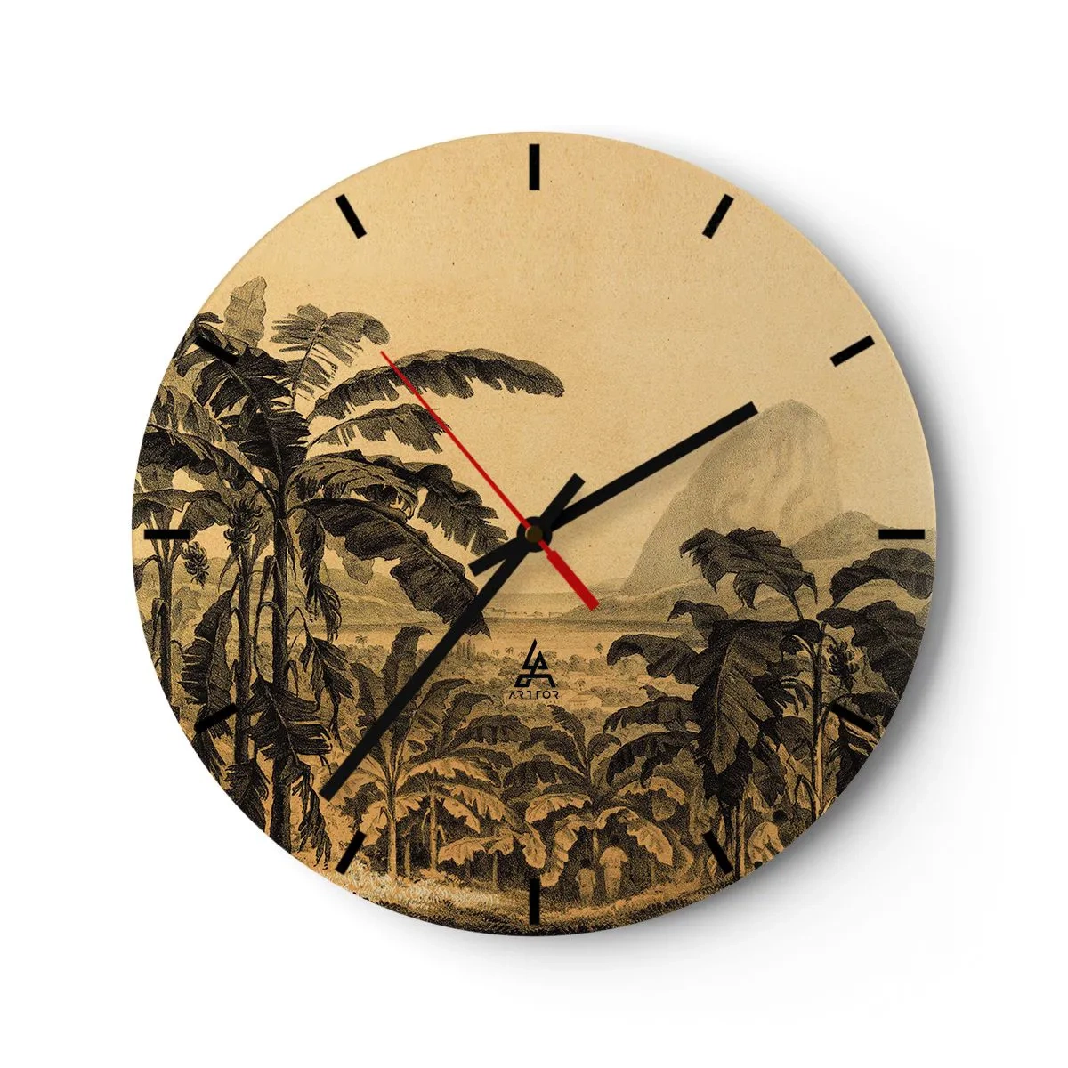 Relógio de parede - Relógio em vidro - Bananas e uma paisagem tropical retrô - 30x30cm - num clima colonial - Decoração de parede moderna para a sala de estar, cozinha e quarto ARTTOR
