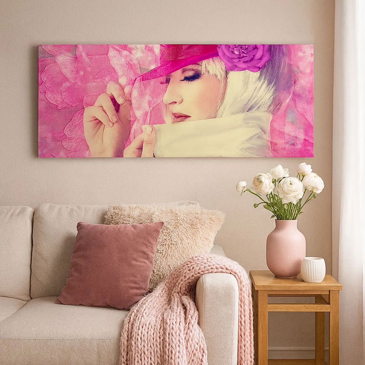 Quadro em tela - Retrato retro em rosa - 100x40 cm
