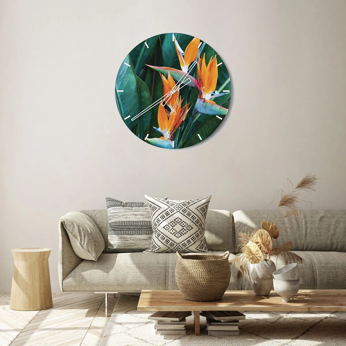 Relógio de parede - Relógio em vidro - Flores exóticas de strelitzia em um fundo de folhas verdes - 30x30cm - É uma flor ou é um pássaro? - Decoração de parede moderna para a sala de estar, cozinha e quarto ARTTOR