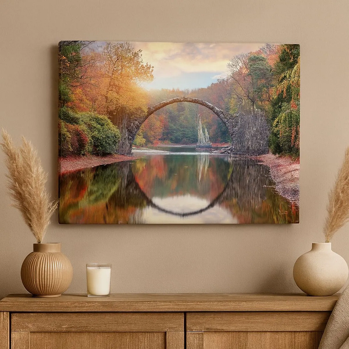 Quadro em tela - Uma ponte de pedra em uma paisagem de outono sobre águas calmas - 70x50cm - Do outro lado do espelho - Decoração de parede moderna para a sala de estar e quarto ARTTOR