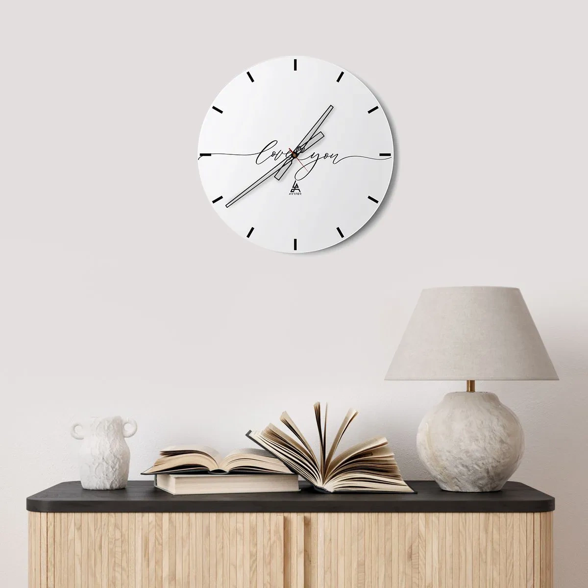 Relógio de parede - Relógio em vidro - Relógio branco minimalista com a inscrição "Eu te amo" - 30x30cm - Preto e branco - Decoração de parede moderna para a sala de estar, cozinha e quarto ARTTOR