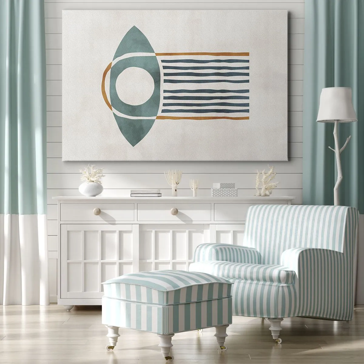 Quadro em tela - Padrão geométrico em tons de verde e laranja - 70x50cm - Sinais e rituais - Decoração de parede moderna para a sala de estar e quarto ARTTOR