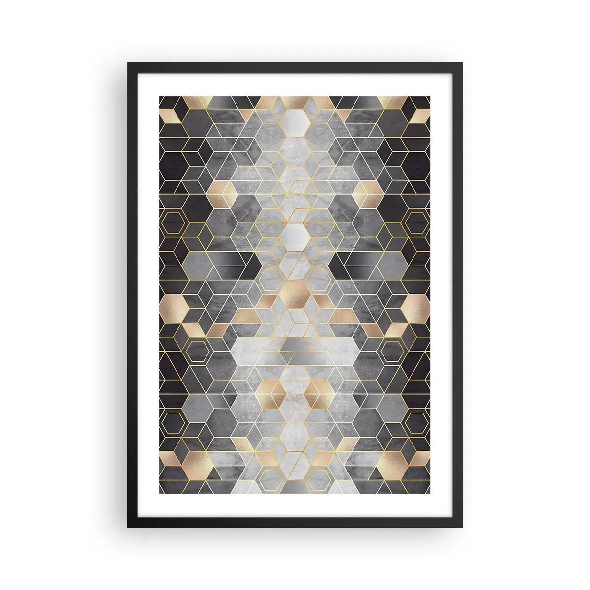 Pôster com moldura preta - Padrão geométrico hexagonal em tons de dourado e cinza - 50x70cm - Composição do diamante - Decoração de parede moderna para a sala de estar e quarto ARTTOR