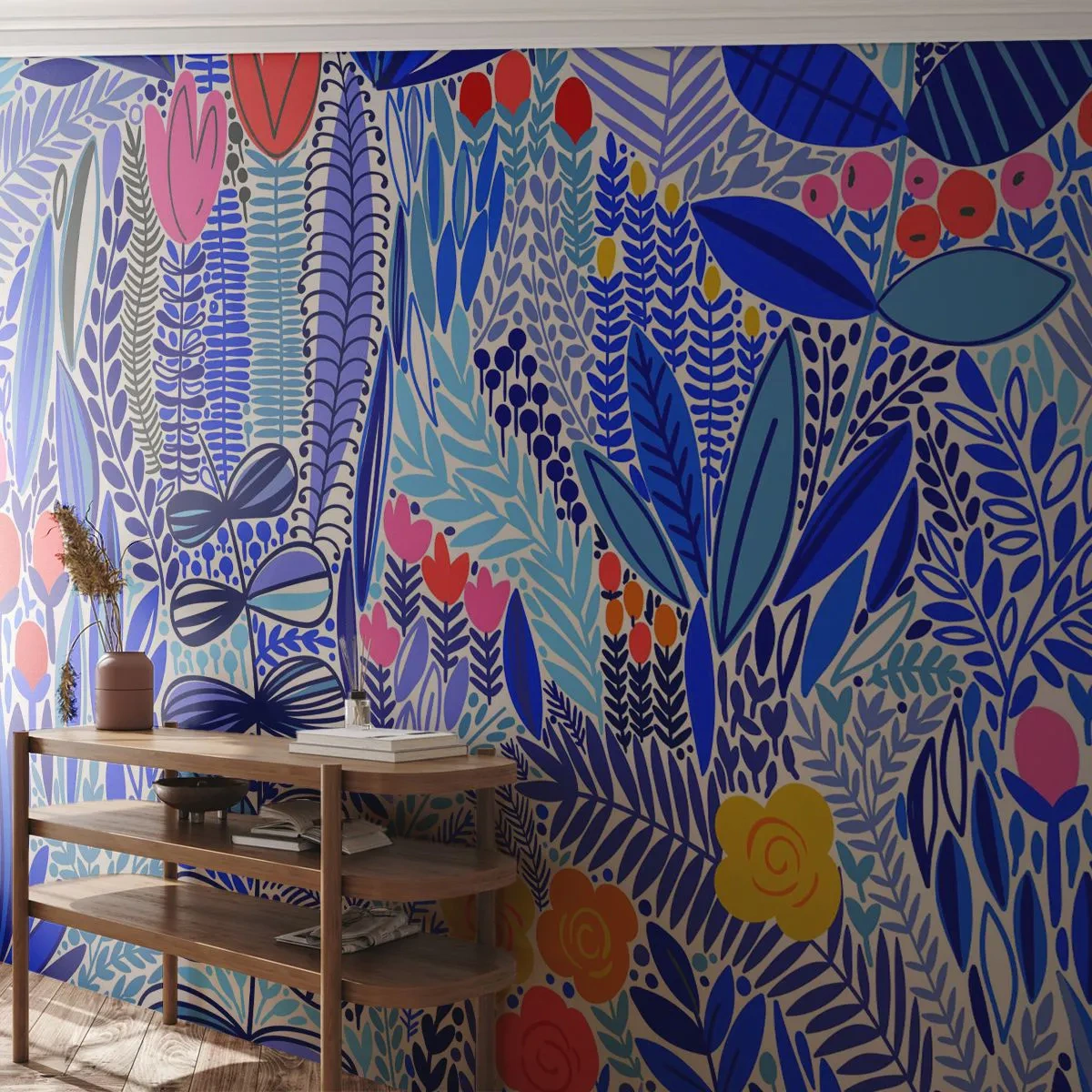 Papel de Parede Premium Canvas - Jardim Havaiano - Flores, Folhas, Prado - 500x350 cm