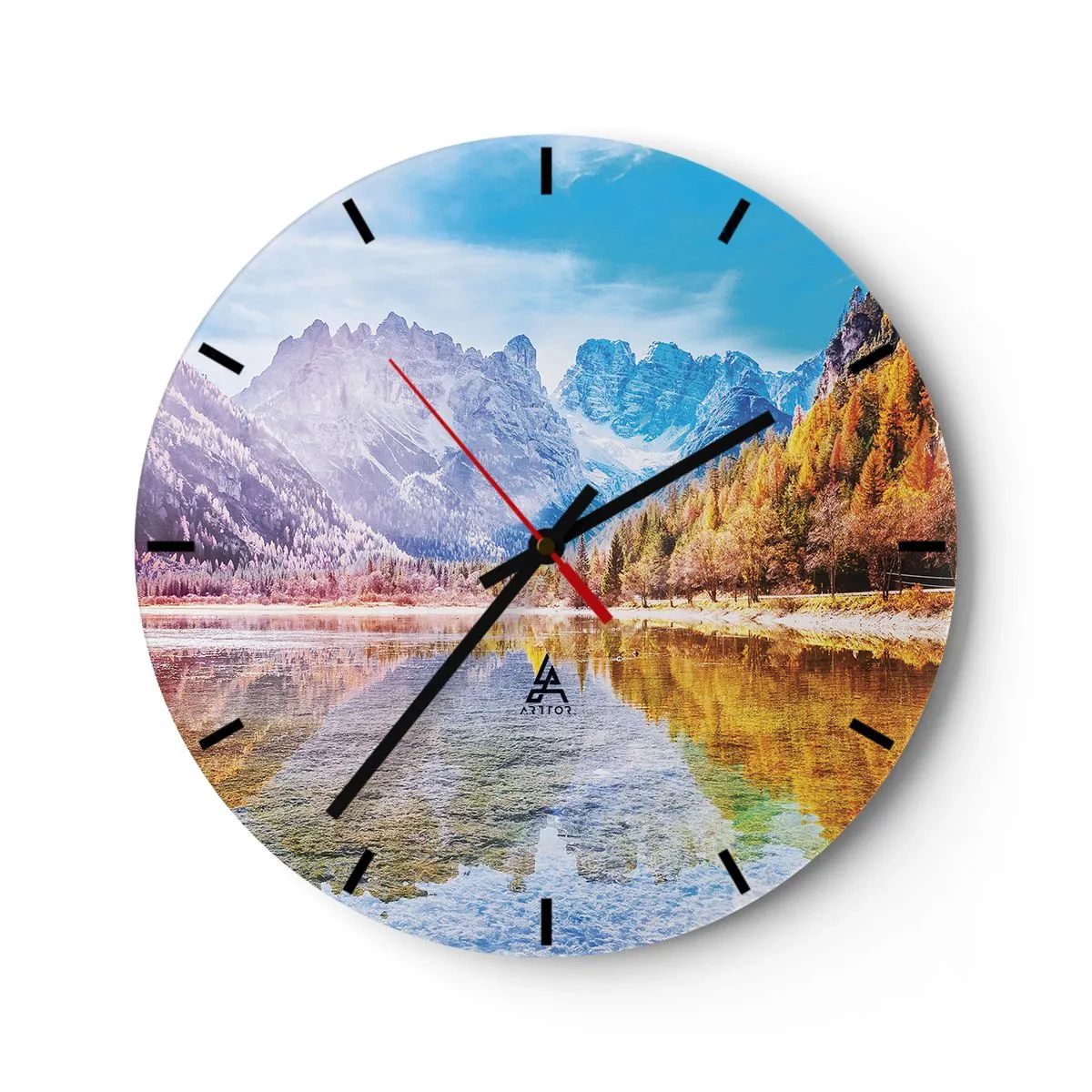Relógio de parede - Relógio em vidro - Uma paisagem montanhosa com uma floresta de outono refletida na superfície do lago - 30x30cm - E nas montanhas é outono - Decoração de parede moderna para a sala de estar, cozinha e quarto ARTTOR