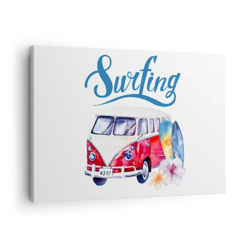 Quadro em tela - Gráficos coloridos com um ônibus e um tema de surfe - 70x50cm - Pepino - um clássico para um surfista - Decoração de parede moderna para a sala de estar e quarto ARTTOR