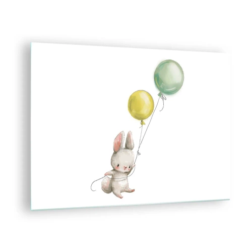 Quadro em vidro - Um coelho segurando dois balões - 70x50cm - Também quero voar! - Decoração de parede moderna para a sala de estar e quarto ARTTOR