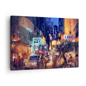 Quadro em tela - Paisagem urbana noturna no estilo impressionista - 70x50cm - E a cidade não dorme - Decoração de parede moderna para a sala de estar e quarto ARTTOR