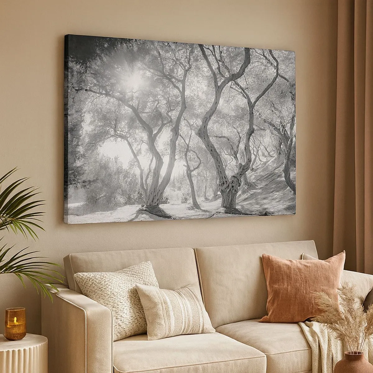Quadro em tela - Vista em preto e branco de árvores em um olival com raios de sol - 70x50cm - No olival - Decoração de parede moderna para a sala de estar e quarto ARTTOR