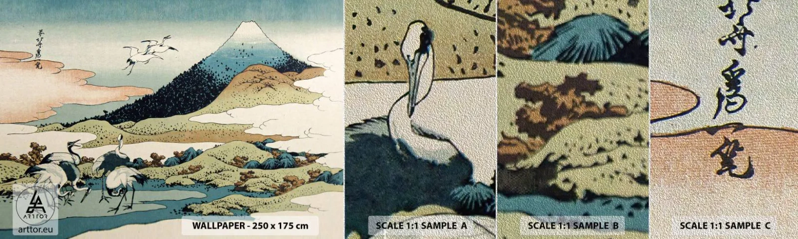 Amostra de papel de parede Premium Sand - No espírito japonês - Cegonha, Pássaro, Paisagem - 100x30 cm