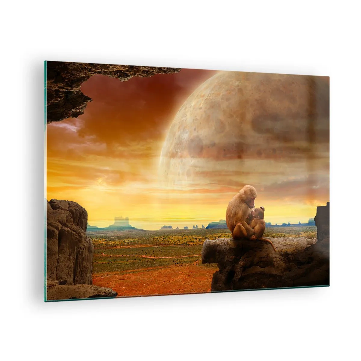 Quadro em vidro - Macacos sentados em uma rocha com uma lua enorme ao fundo - 70x50cm - O amor é o mesmo em todos os lugares - Decoração de parede moderna para a sala de estar e quarto ARTTOR