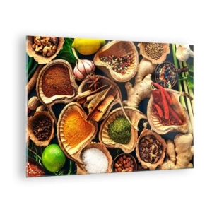 Quadro em vidro - Especiarias coloridas em recipientes naturais com aditivos - 70x50cm - Leve o que quiser - Decoração de parede moderna para a sala de estar e quarto ARTTOR
