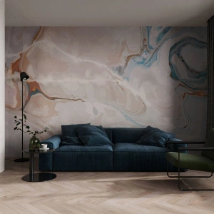 Papel de Parede Premium Canvas - Meandros azuis sob branco - Abstração, Pedaço, Padrão Moderno - 200x140 cm