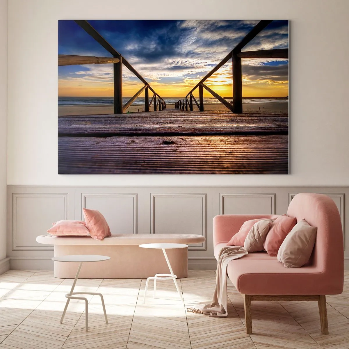 Quadro em vidro - Píer que leva à praia ao pôr do sol - 70x50cm - Direto para a praia tranquila ao pôr do sol - Decoração de parede moderna para a sala de estar e quarto ARTTOR