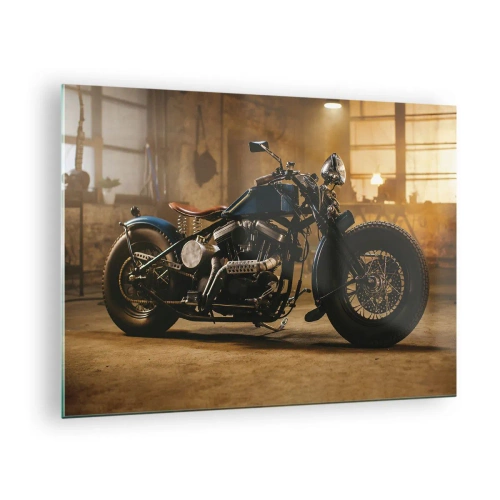 Quadro em vidro - Foto atmosférica de uma motocicleta clássica em uma garagem - 70x50cm - Tudo posso - Decoração de parede moderna para a sala de estar e quarto ARTTOR