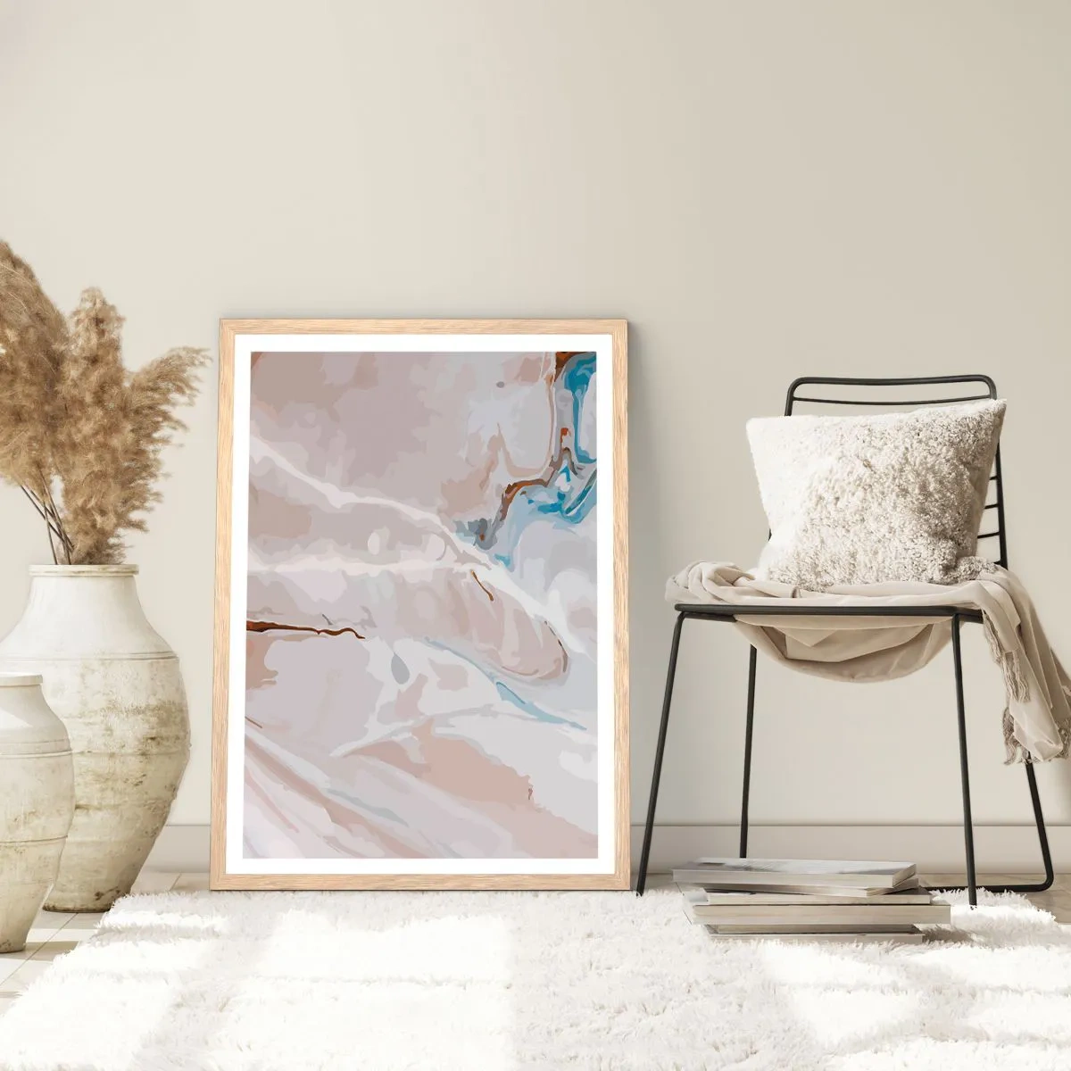Pôster com moldura de carvalho claro - Meandros azuis sob branco - 50x70 cm