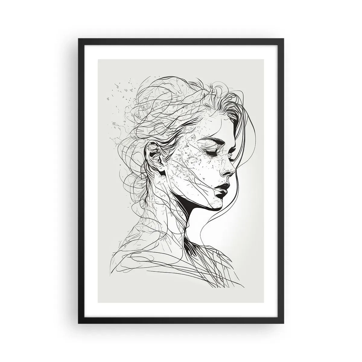 Pôster com moldura preta - Um esboço de uma mulher com cabelos soltos, criado em um estilo minimalista. - 50x70cm - Retrato em pensamento - Decoração de parede moderna para a sala de estar e quarto ARTTOR