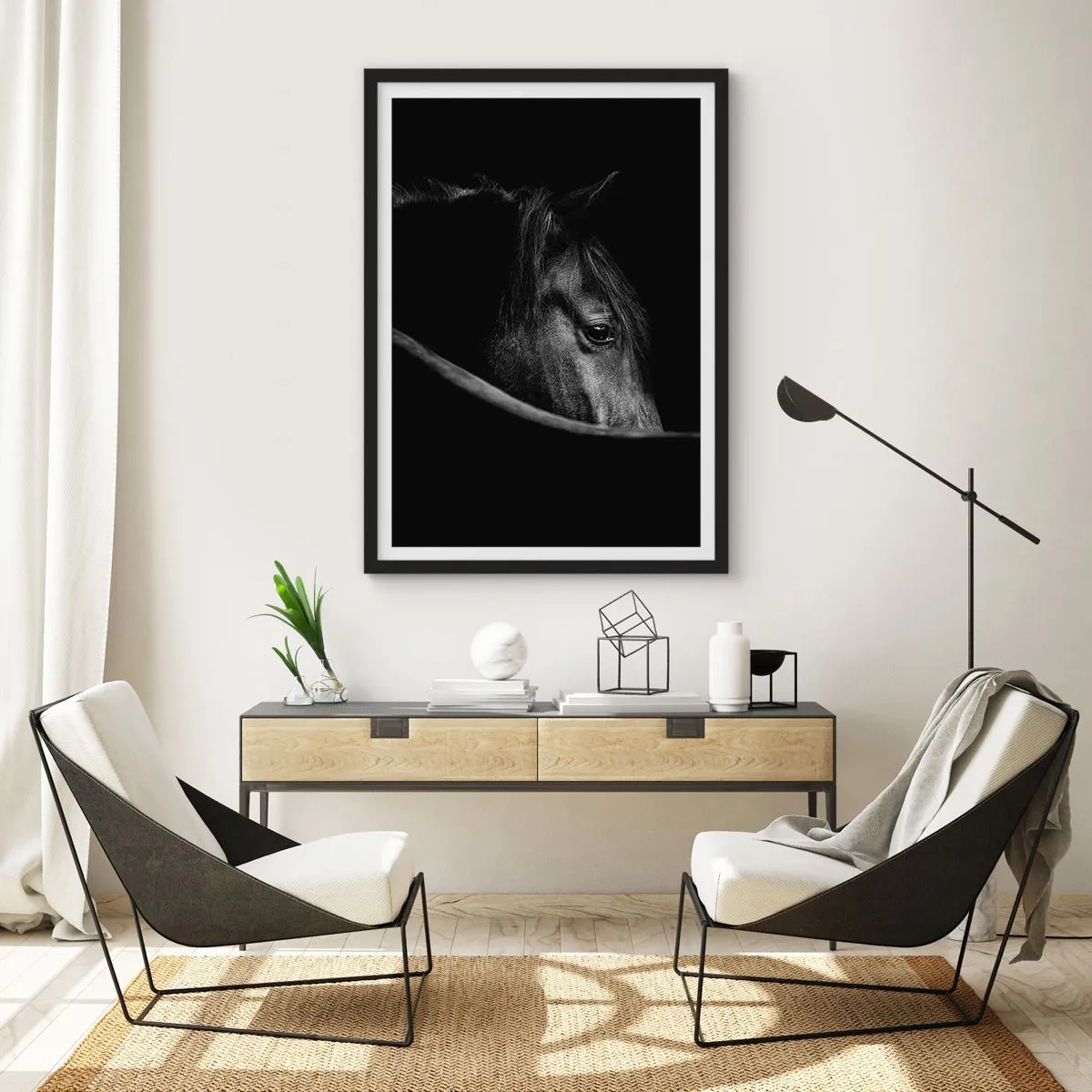 Pôster com moldura preta - Retrato em preto e branco de um cavalo com uma abordagem artística - 50x70cm - Príncipe Negro - Decoração de parede moderna para a sala de estar e quarto ARTTOR