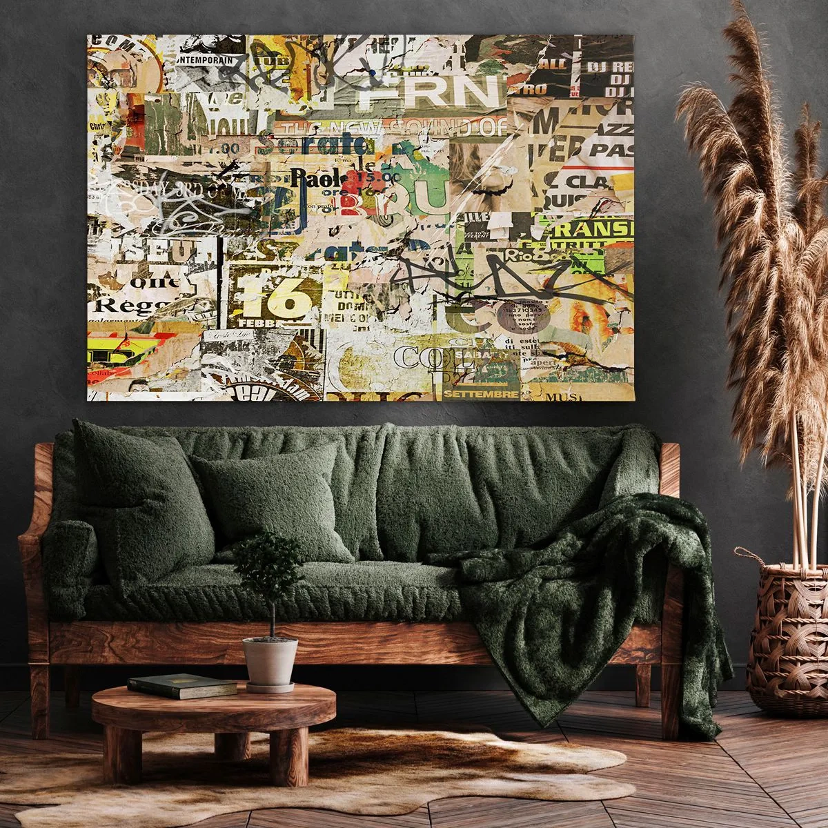 Quadro em tela - Uma colagem de fragmentos de jornais e cartazes em estilo artístico. - 70x50cm - O caos - Decoração de parede moderna para a sala de estar e quarto ARTTOR