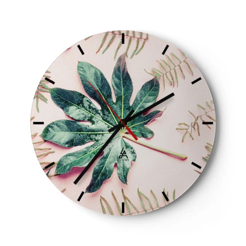 Relógio de parede - Relógio em vidro - Uma grande folha verde sobre um fundo rosa claro com detalhes florais. - 30x30cm - Estudo do verde em um fundo rosa - Decoração de parede moderna para a sala de estar, cozinha e quarto ARTTOR