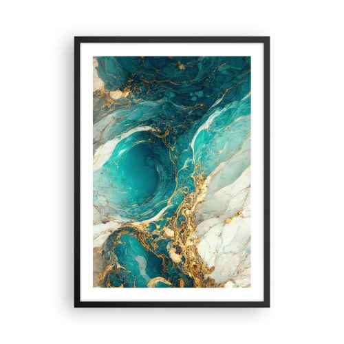 Pôster com moldura preta - Abstração turquesa com detalhes dourados - 50x70cm - Composição com veios d'ouro - Decoração de parede moderna para a sala de estar e quarto ARTTOR