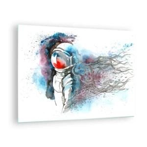 Quadro em vidro - Astronauta em um ambiente espacial dinâmico em aquarela - 70x50cm - Sozinho com o espaço - Decoração de parede moderna para a sala de estar e quarto ARTTOR